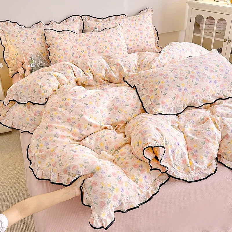 Heart Print Duvet Cover Set Princess Style Lace Ruffles Bedding Set