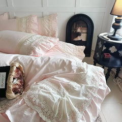 Pink Vintage Double Layer Lace Ruffles 100% Cotton Bedding Set