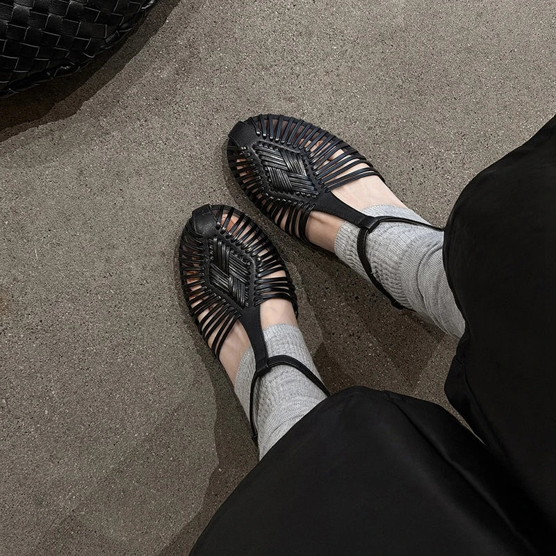 leather cowhide woven high Heels