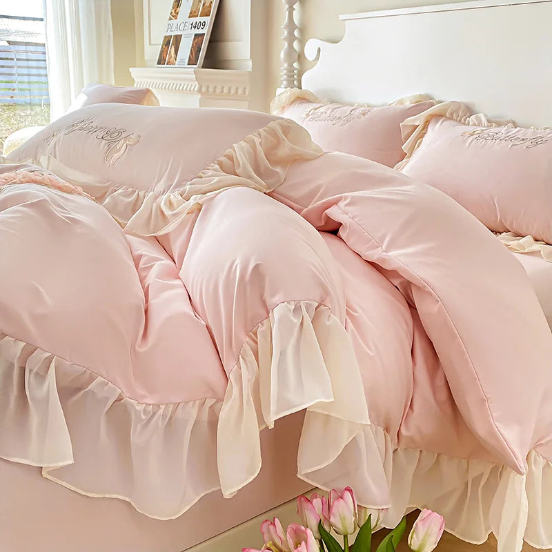 3/4Pcs Korean Princess Style Washed Cotton Three-Dimensional Embroidered Butterfly Queen Size Bedding Set