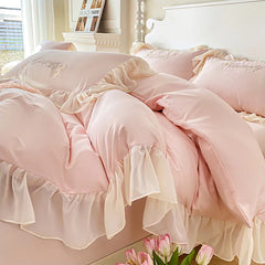 3/4Pcs Korean Princess Style Washed Cotton Three-Dimensional Embroidered Butterfly Queen Size Bedding Set