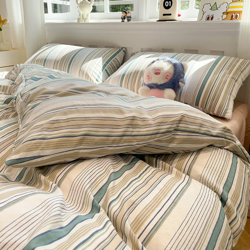 Simple Style Stripe Duvet Cover Set Bed Sheet Set Washed Cotton Bedding Set