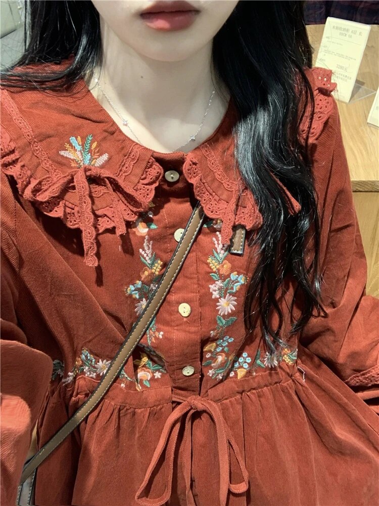 Foxy Fall Cottagecore Dress with Embroidery
