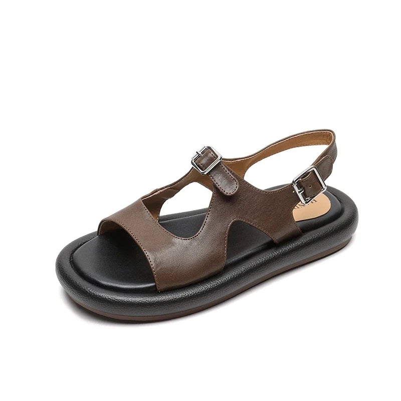 Leather Cowhide Retro Thick-Soled Elastic Buckle Middle Heel