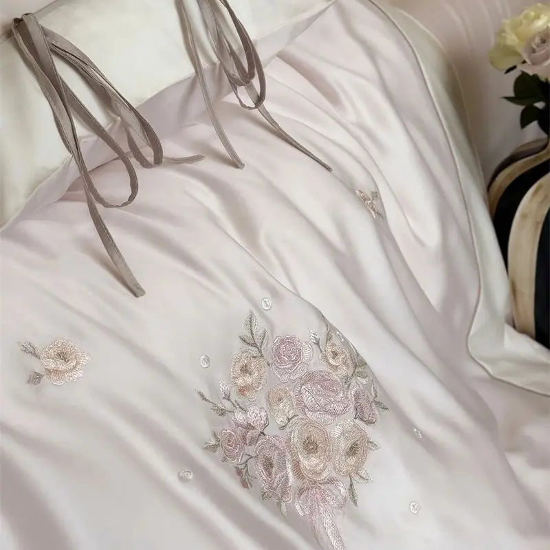 Pink Bouquet Flowers Embroidery Lace-Up Princess Bedding Set