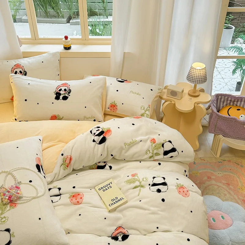 Cute Cartoon Winter Warm Quilt Cover Set Queen Bedding Set
