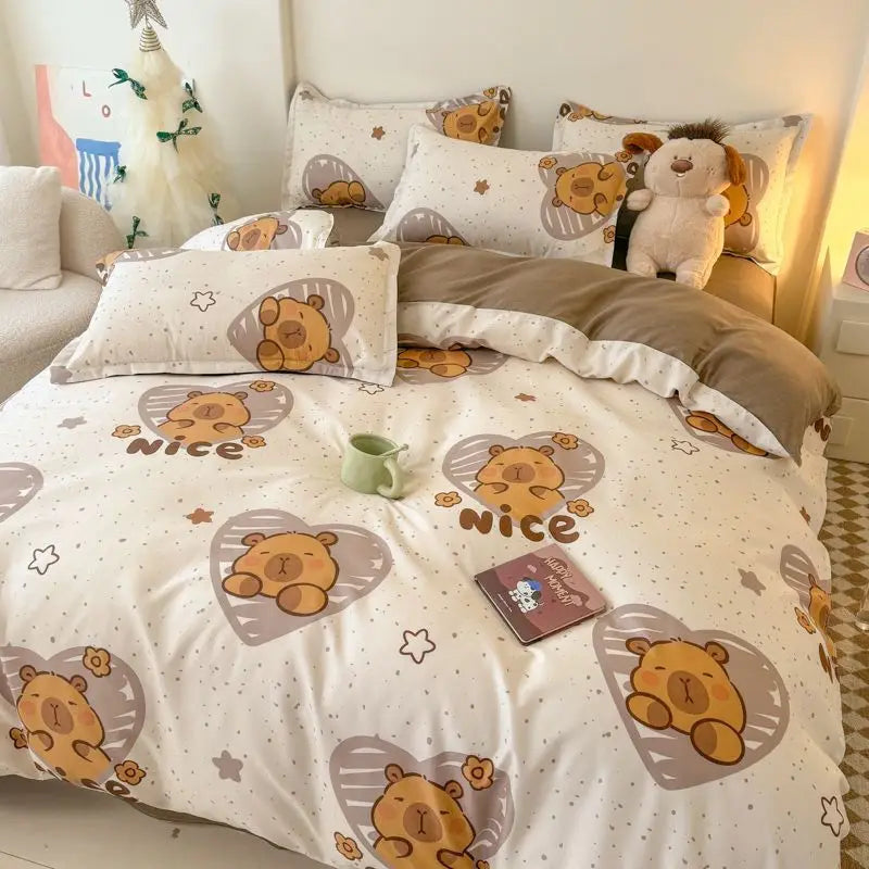 Ins Bear Duvet Cover Set with Zipper Fashion Girls Boys Kids Flat Bed Sheet Pillowcases No Filler Single Queen Size Bedding Set