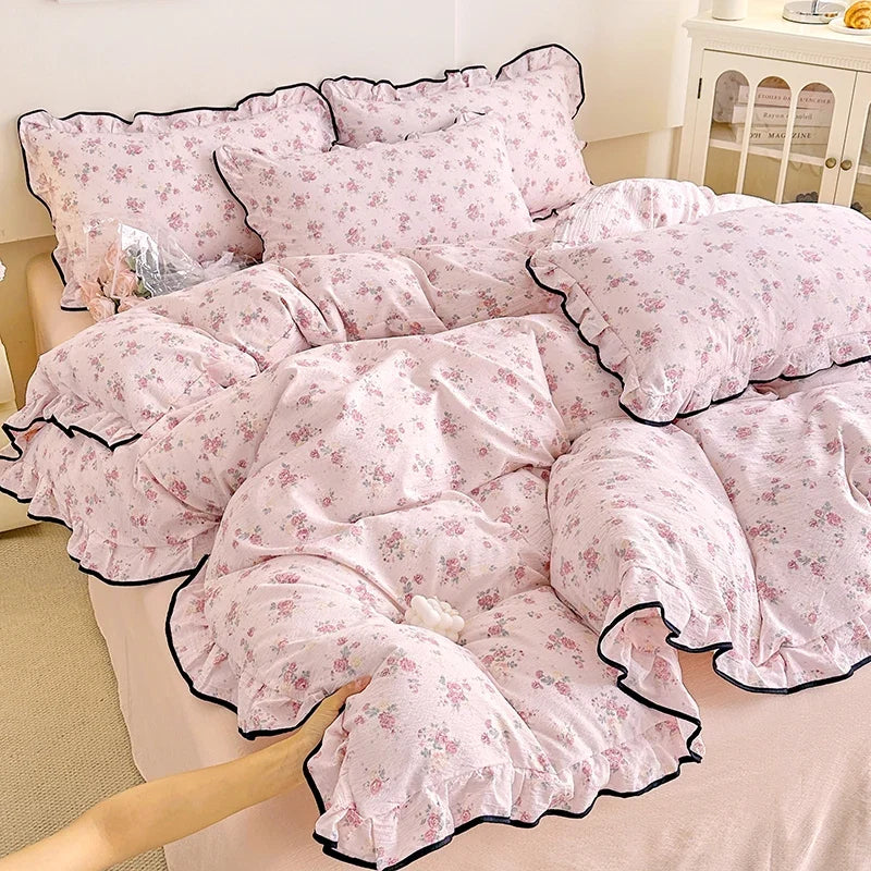 Heart Print Duvet Cover Set Princess Style Lace Ruffles Bedding Set