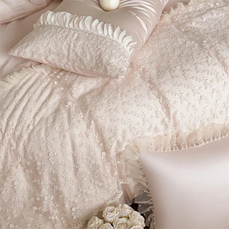 Princess Style Pink Floral Lace Embroidery 600TC Lyocell Bedding Set