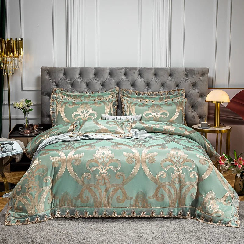Luxury Euro Gold Satin Jacquard Lace Bedding Set