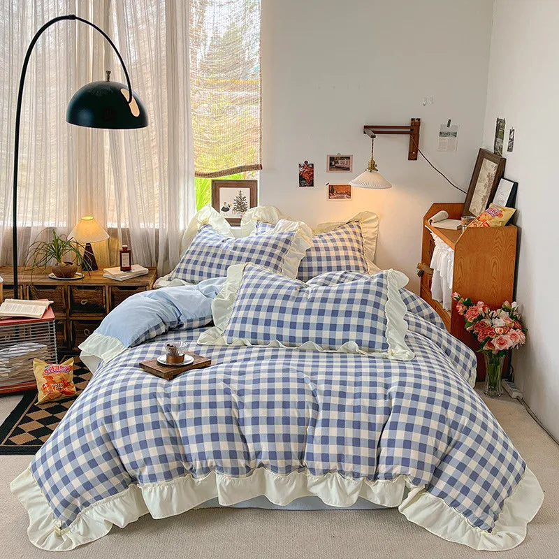 3/4Pcs Grid Stripes Ruffles Bedding Set