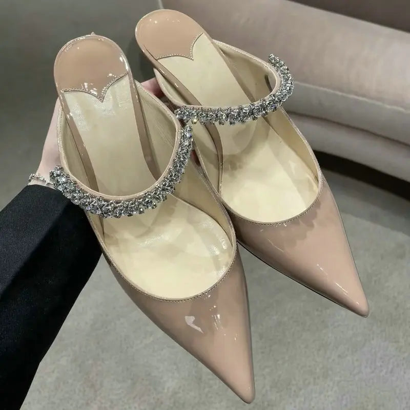 Luxury Rhinestone Patent Leather Bao Head Half Slippers European High Heels