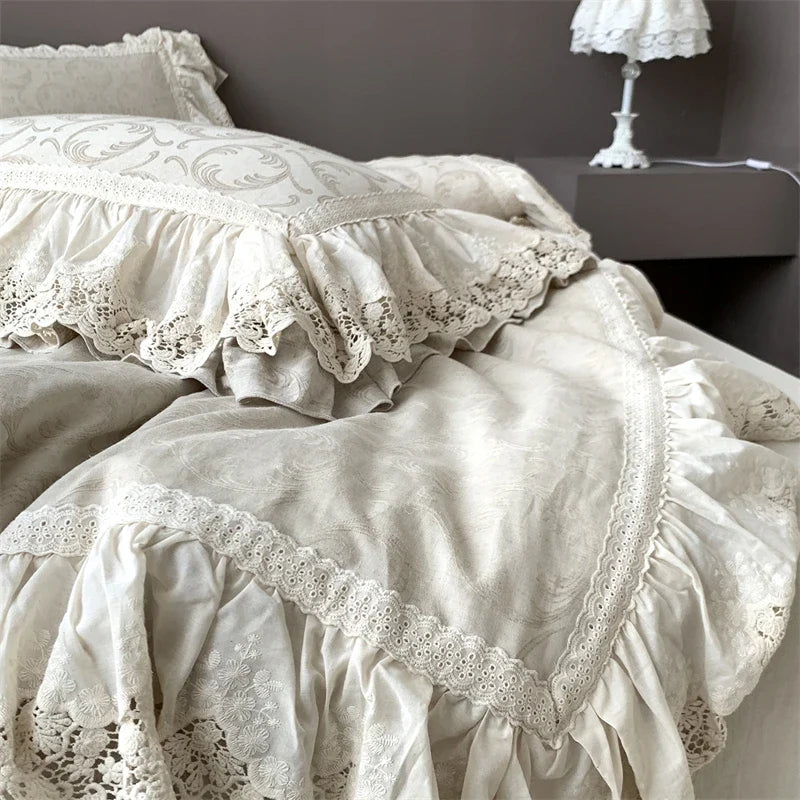 Vintage French Large Lace Ruffles Natural Cotton Linen Princess Bedding Set