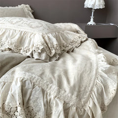 Vintage French Large Lace Ruffles Natural Cotton Linen Princess Bedding Set