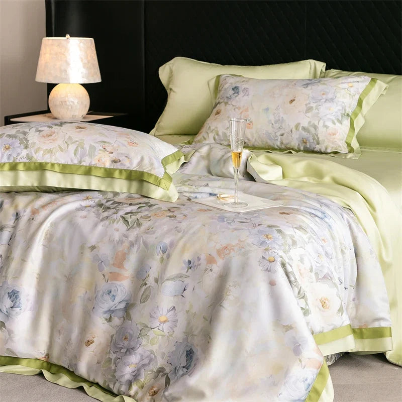 82% lyocell, 8% silk and 10% nylon soft silky flowers digital printing Bedding Set