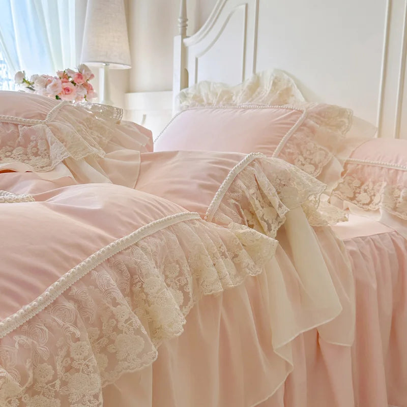 100% Cotton French Princess Bedding Set, Ruffle Bed Skirt Duvet Cover Set with Faux Pearl Lace Trim, Queen King Size Bed Linen