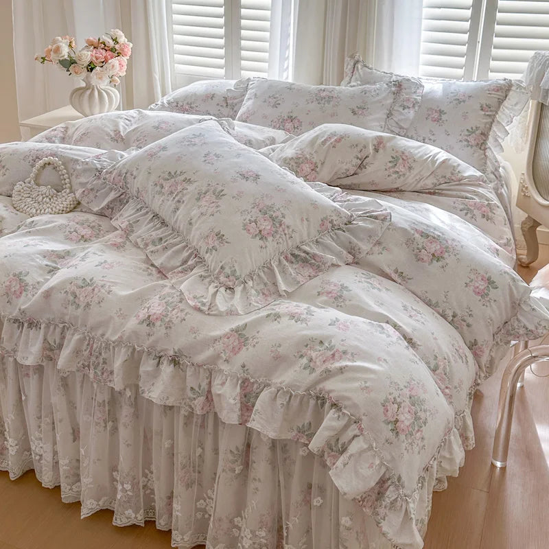 100% Cotton Flowers Print Lace Ruffles Princess 4/6Pcs Bedding Set
