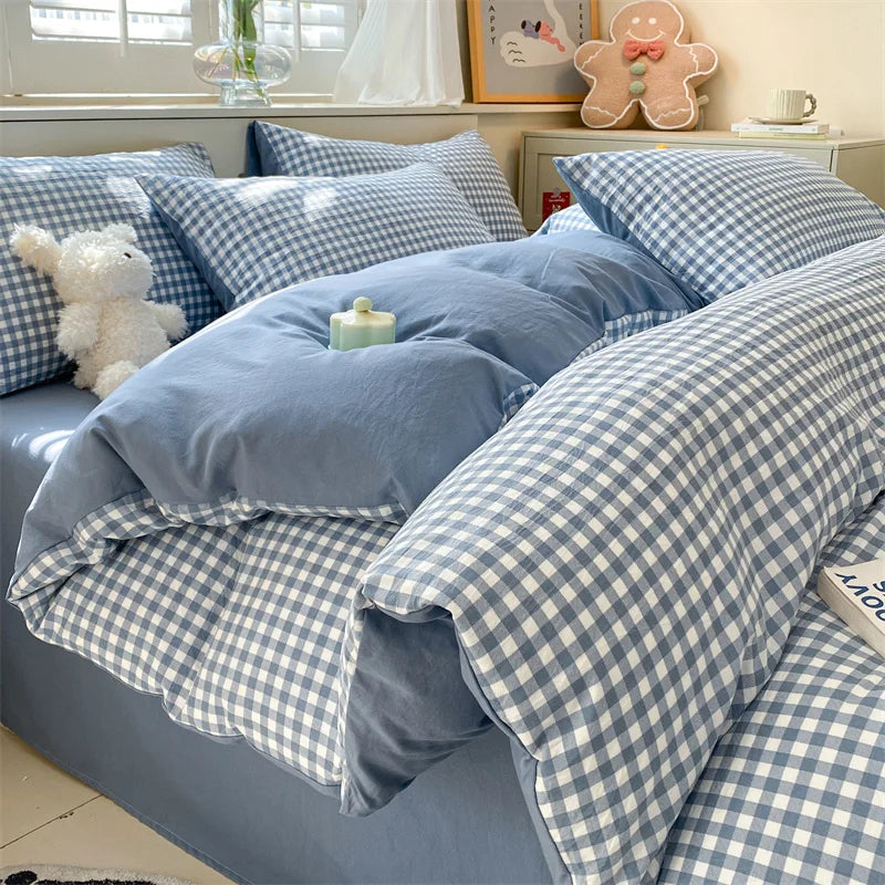 3/4 Pcs Blue Checkered Bedding Set
