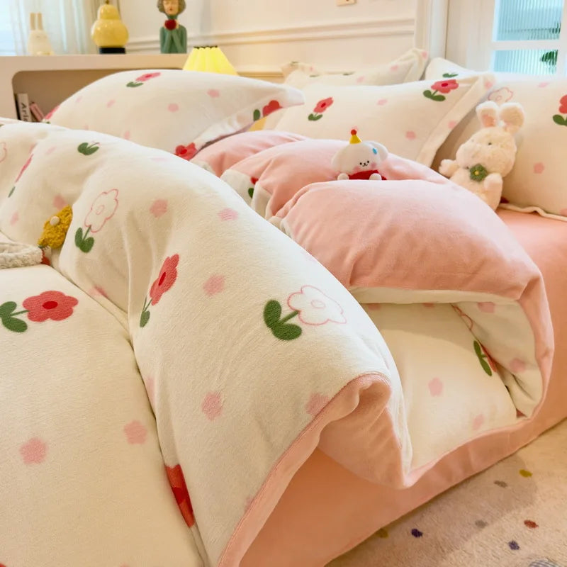 Cartoon Print Milk Velvet Duvet Cover Set Sheet Pillowcase Winter Plush Comforter Cover Set Home Textile Queen King Bedding Set