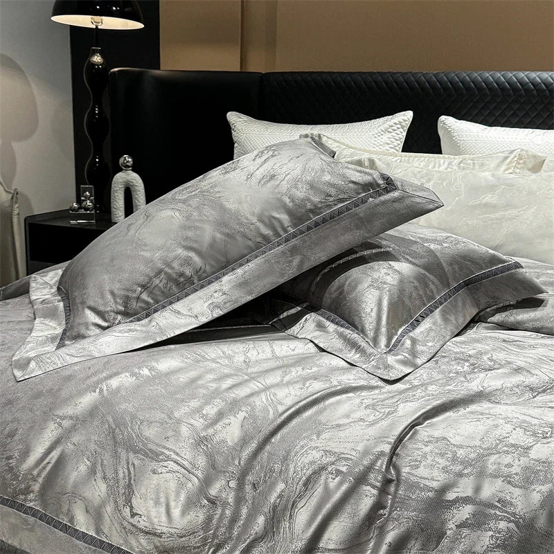 High-End 1000TC Egyptian Cotton Silver Grey Marble Jacquard Design Bedding Luxury Duvet Cover  Flat/Fitted Sheet Pillowcase 4Pcs