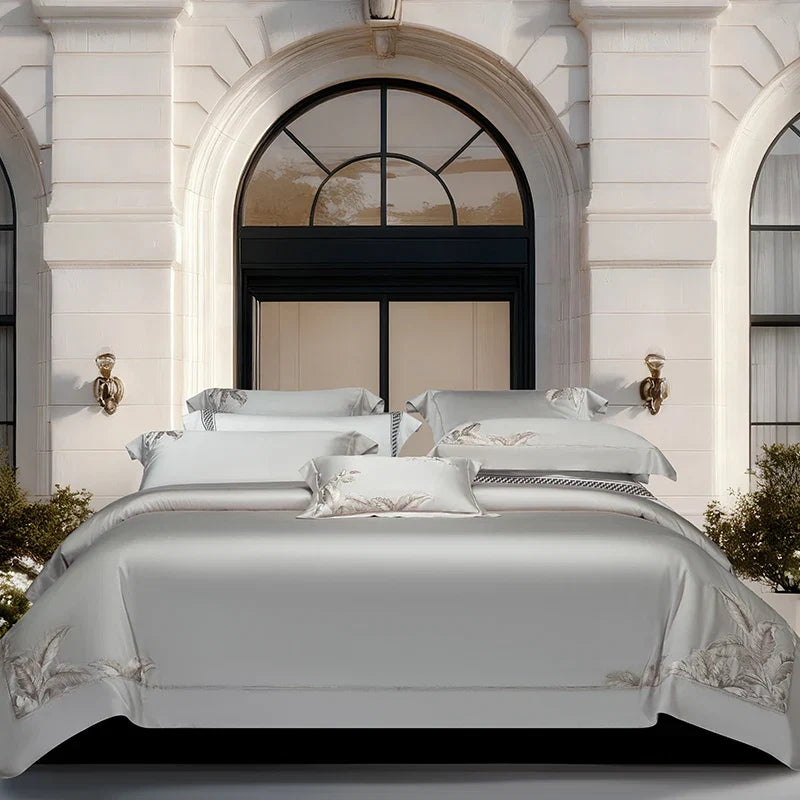 Champagne Luxury Leaf Embroidery Bedding Set