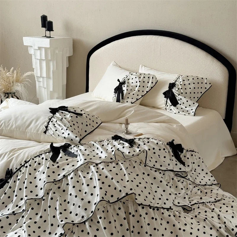 Three-layer Polka Dot Ruffles Bow Bedding Set