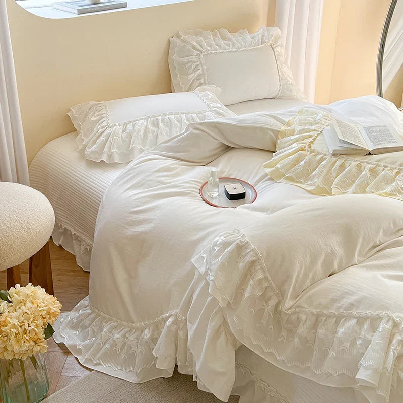 100% Cotton Korean Princess Wedding Lace Ruffles Bedding Set