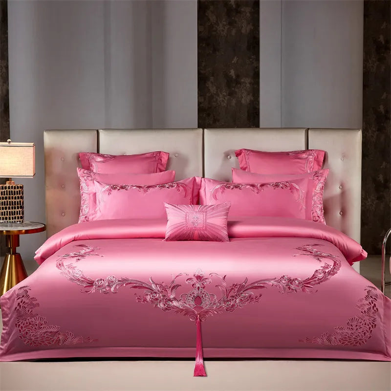 Luxury Chinese Style Wedding Flowers Embroidery Rose Pink Bedding Set