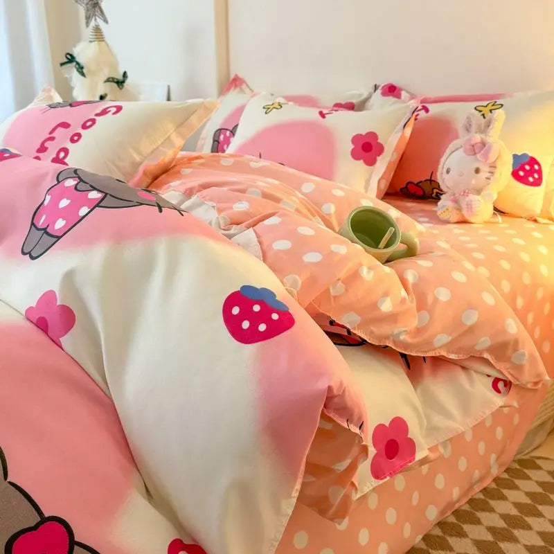 Ins Bear Duvet Cover Set with Zipper Fashion Girls Boys Kids Flat Bed Sheet Pillowcases No Filler Single Queen Size Bedding Set