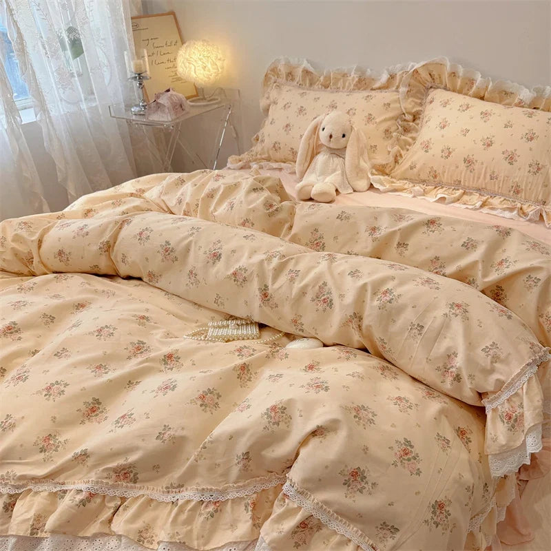 3/4Pcs Korean Princess Style Floral Lace Ruffle 100% Cotton Bedding Set