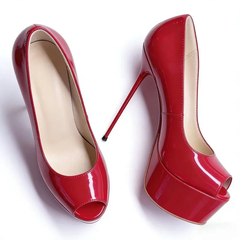 Red Patent Leather Peep Toe Pumps