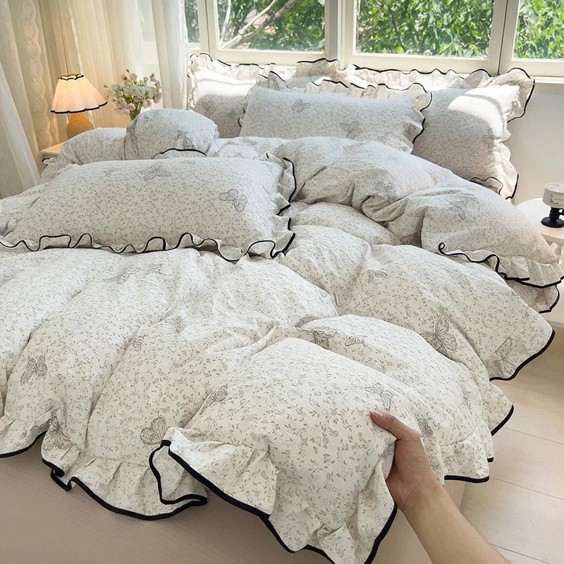 Heart Print Duvet Cover Set Princess Style Lace Ruffles Bedding Set