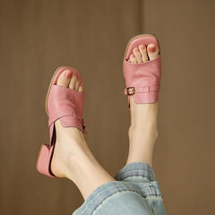 Metal Belt Buckle Round Head Exposed Toe Breathable Cool Mid Heel