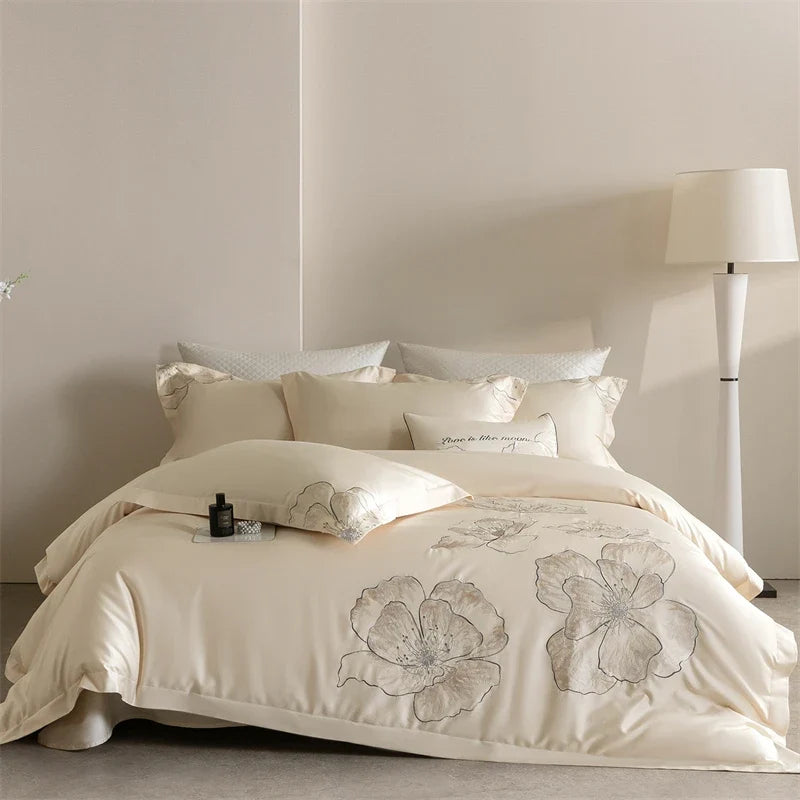 Pink Elegant Flowers Embroidery 100% Cotton Luxury Bedding Set