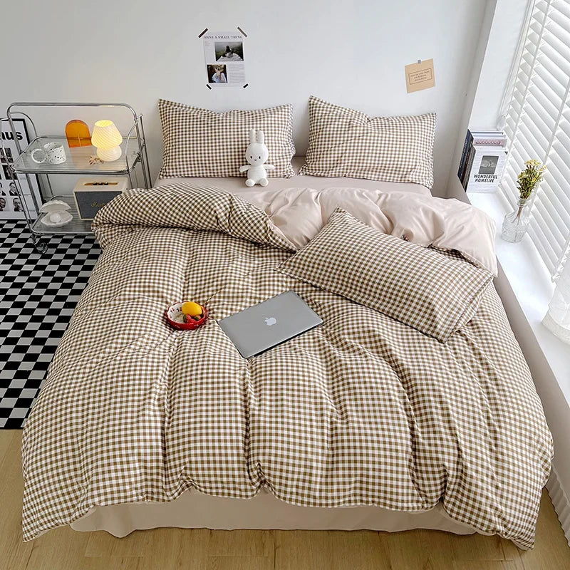 Brushed Japanese Muji-Style Plaid Striped Duvet Cover and 2 Pillowcases minimal queen twin size quilt cover 3pcs bedding sets