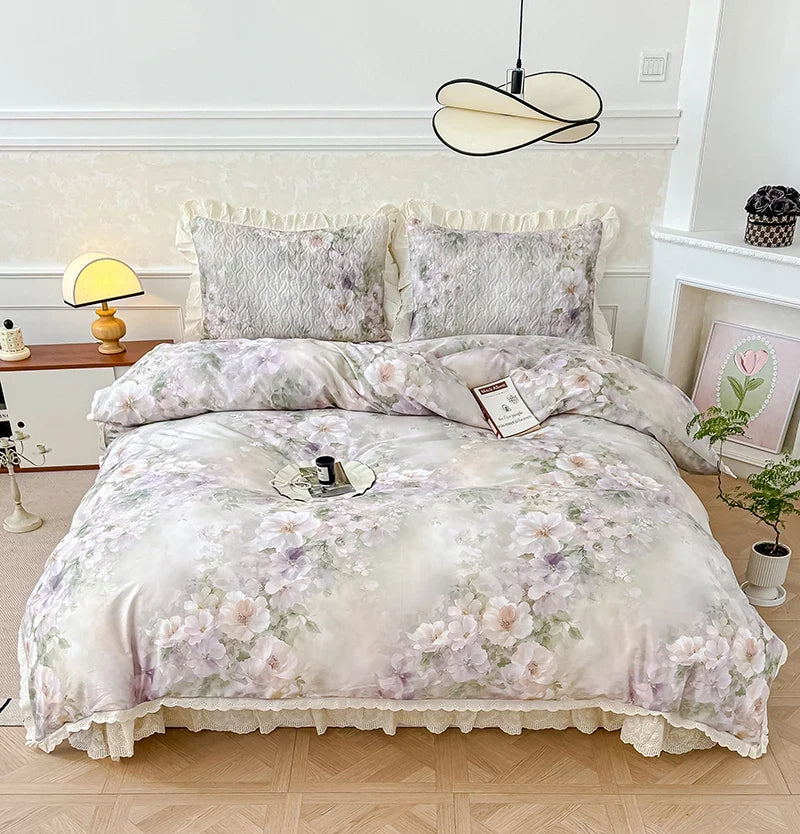 Korean Princess Style Floral Print Lace Ruffles Bedding Set