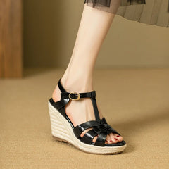 Square Headed Open Toe Real Leather Weaving Slope Heel