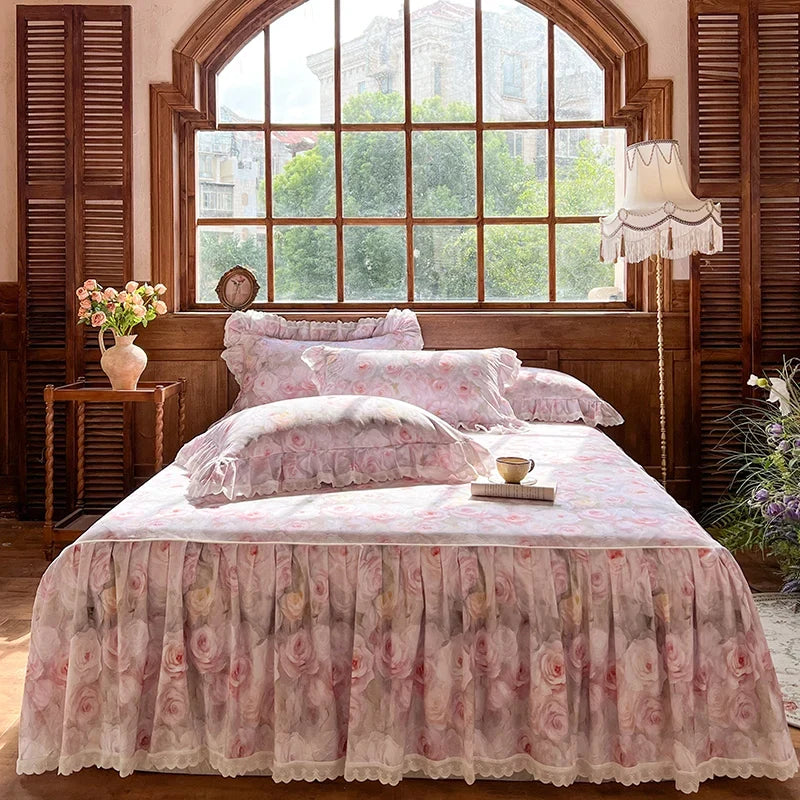 4/6Pcs  Korean Princess Style Rose Print Lace Ruffles Bedding Sets
