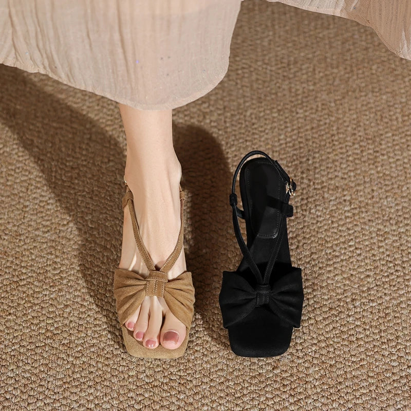 sheep suede square toe open toe high-heeled elastic belt buckle fish mouth sandals