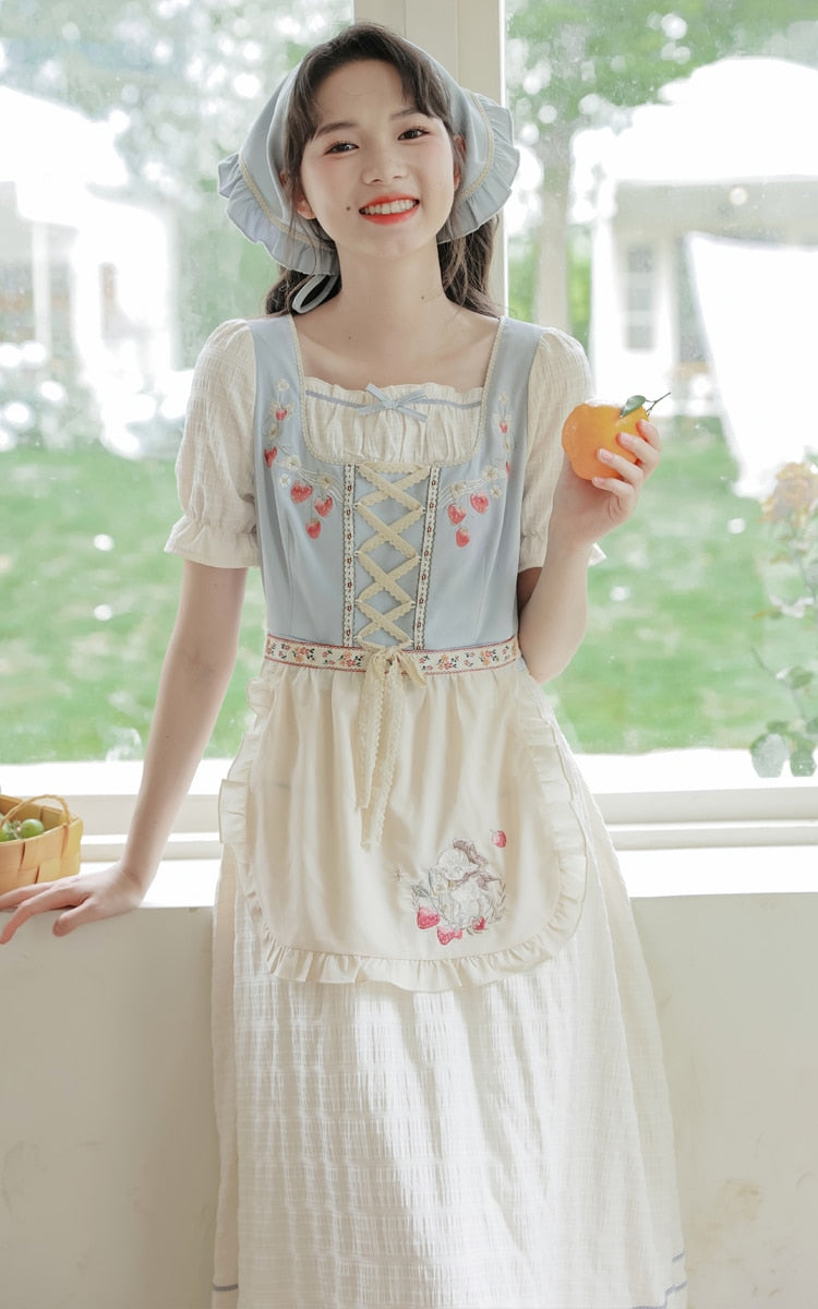 Strawberry Garden 3-Piece Set Cottagecore Dress with Head Scarf