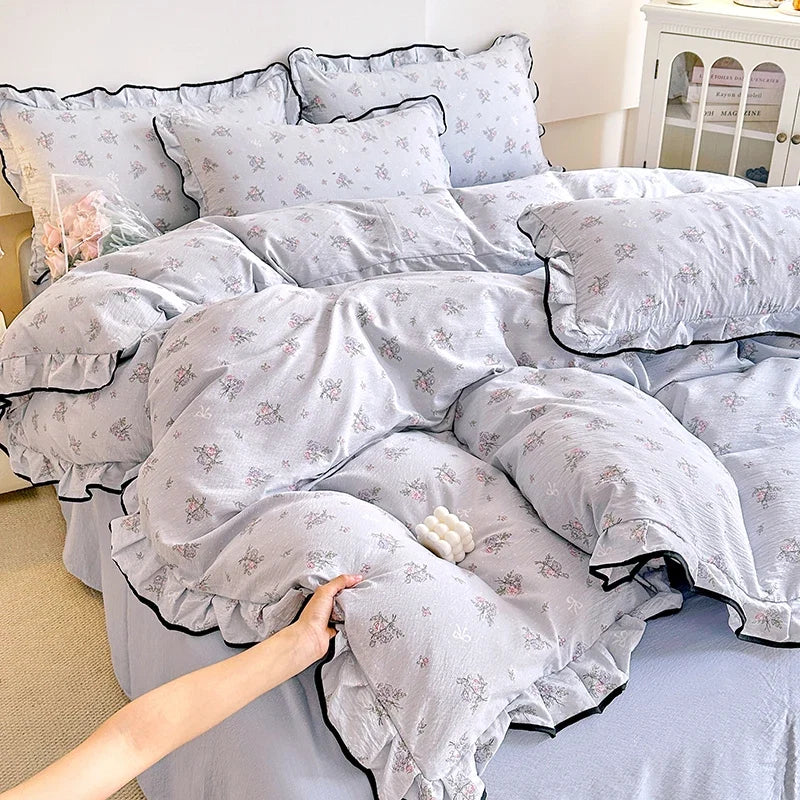 Heart Print Duvet Cover Set Princess Style Lace Ruffles Bedding Set
