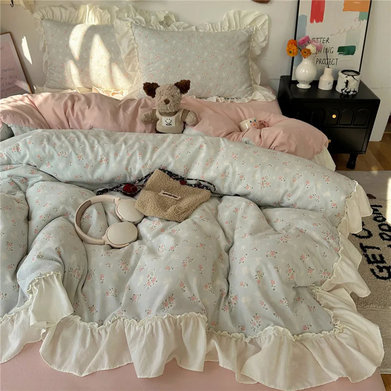 3/4Pcs Korean Princess Style Floral Ruffles Bedding Set