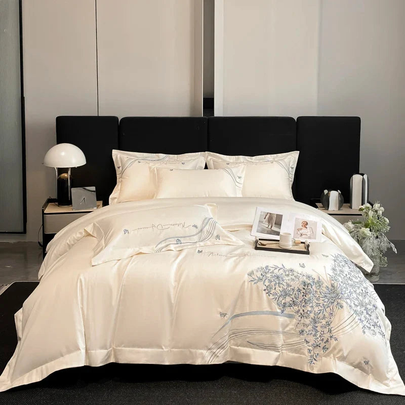 100% Cotton Chic Butterfly Flowers Embroidery Luxury Bedding Set