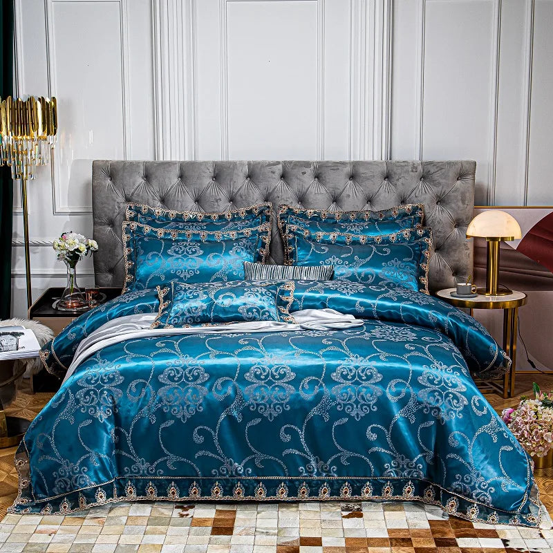 Luxury Euro Gold Satin Jacquard Lace Bedding Set