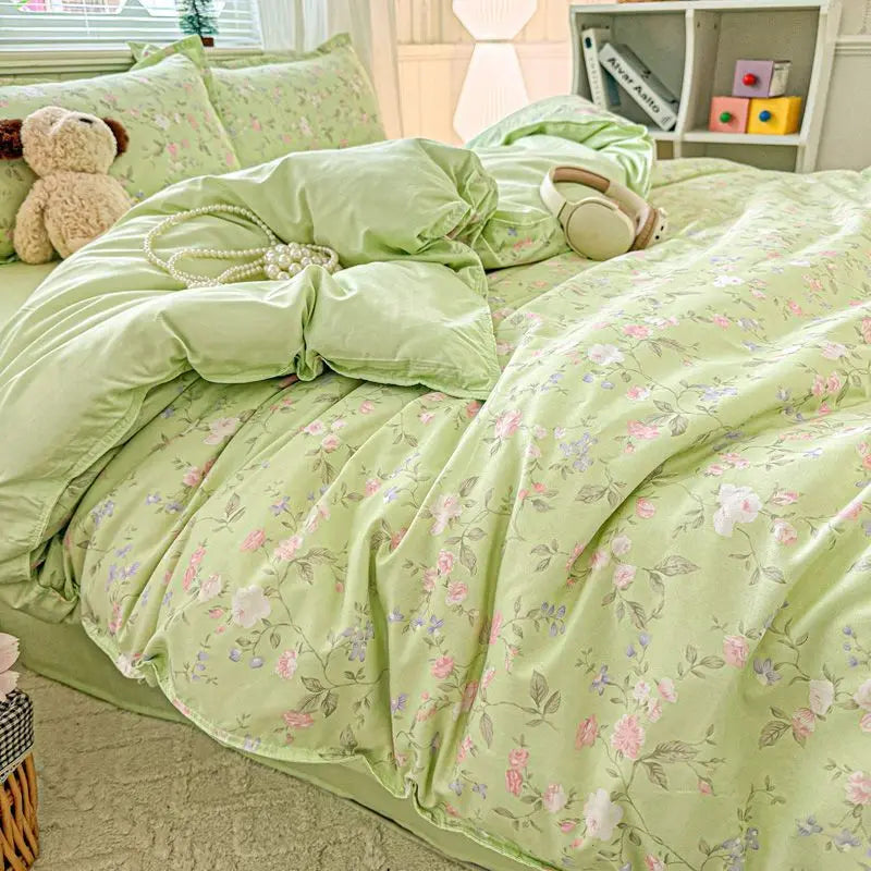 Green Floral Duvet Cover Set Ins Twin Queen Size Girls Flat Sheet Pillowcase No Filler Soft Summer Spring Home Bedding Set