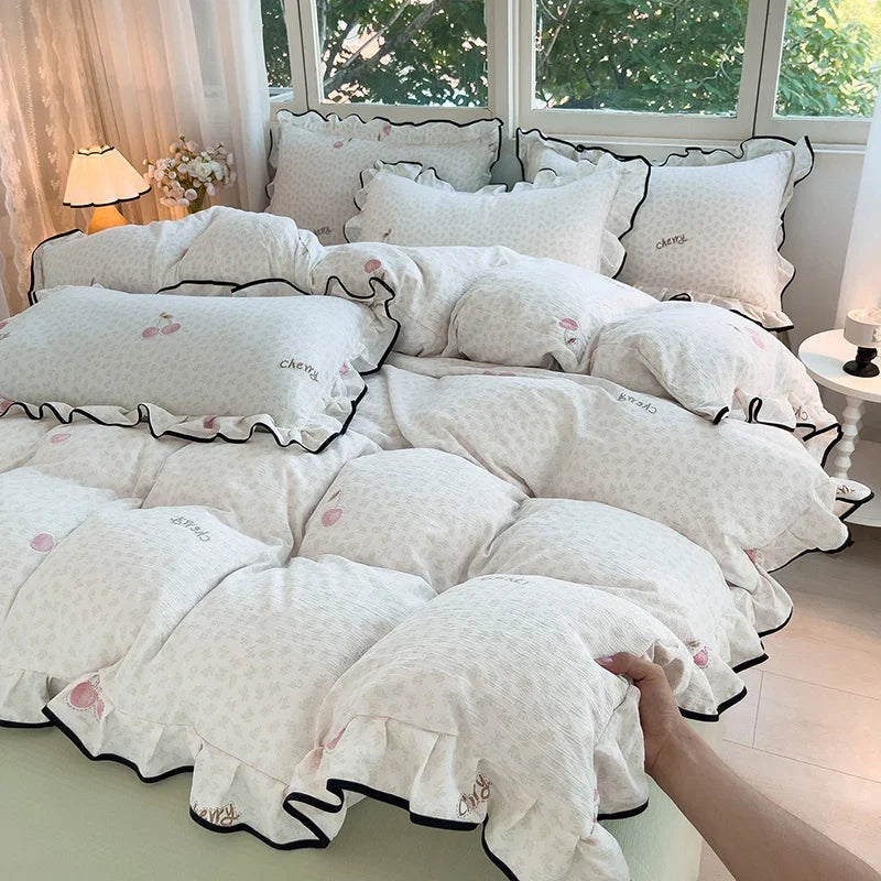 Heart Print Duvet Cover Set Princess Style Lace Ruffles Bedding Set