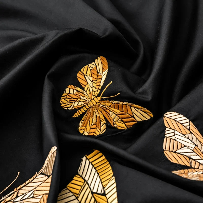 Butterfly Embroidery Luxury Black Bedding Set