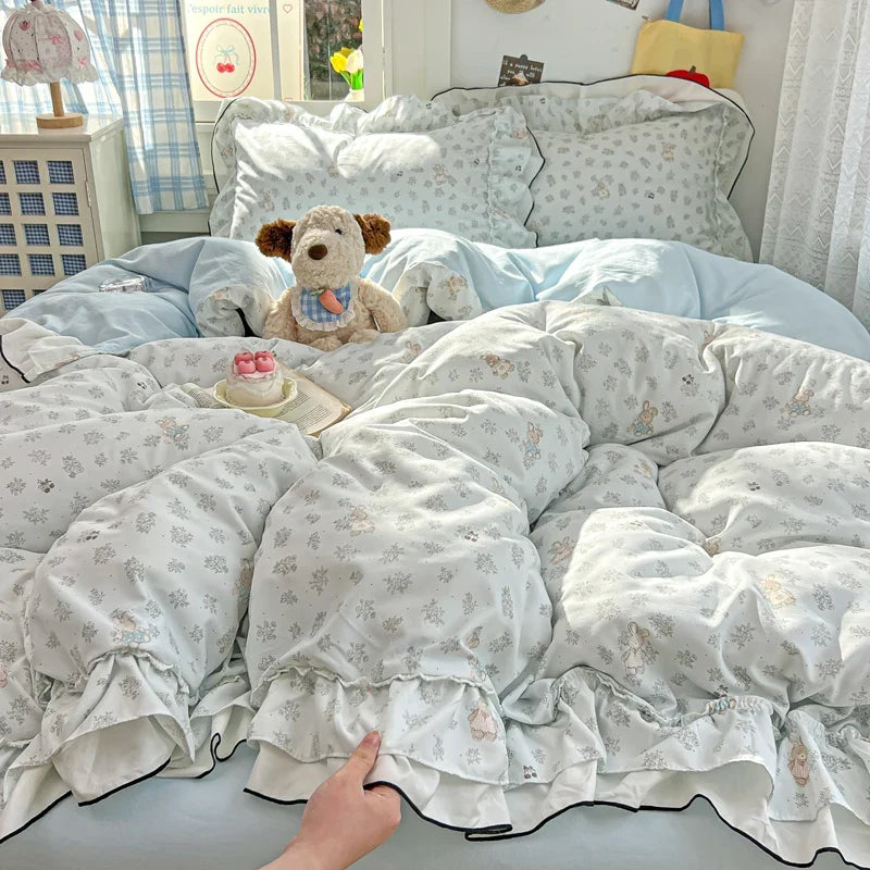 Princess Style Cartoon Floral Ruffles Bedding Set