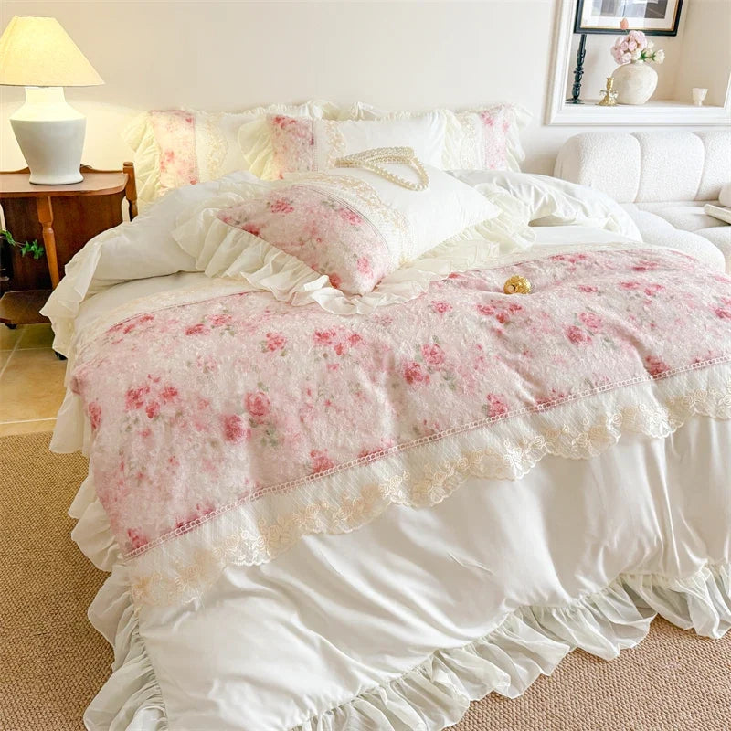 3/4Pcs French Romantic Lace Printed Ruffle Bedskirt Queen Size Quilt Cover Princess Style Boiled Cotton Double Bedding Set