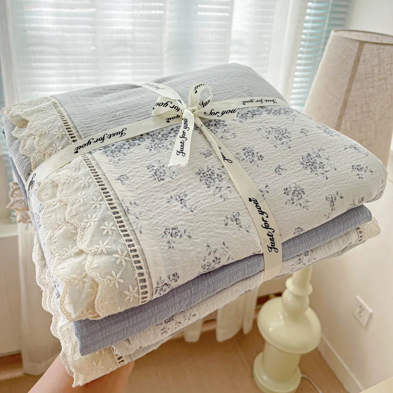4pcs Floral Printed Duvet Cover Set Korean Lace Bedding Set